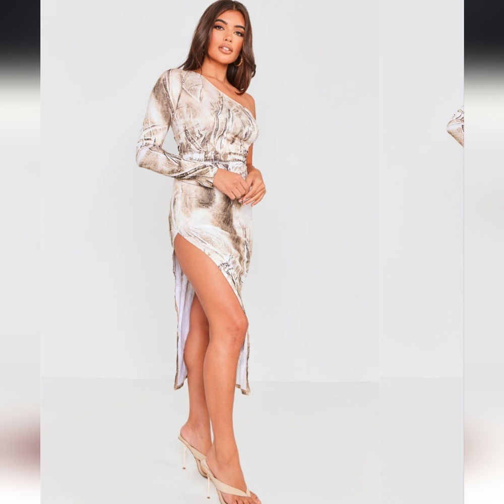 NWT Pretty Little Thing Elegant One-Shoulder Beige Dress with Cutout
